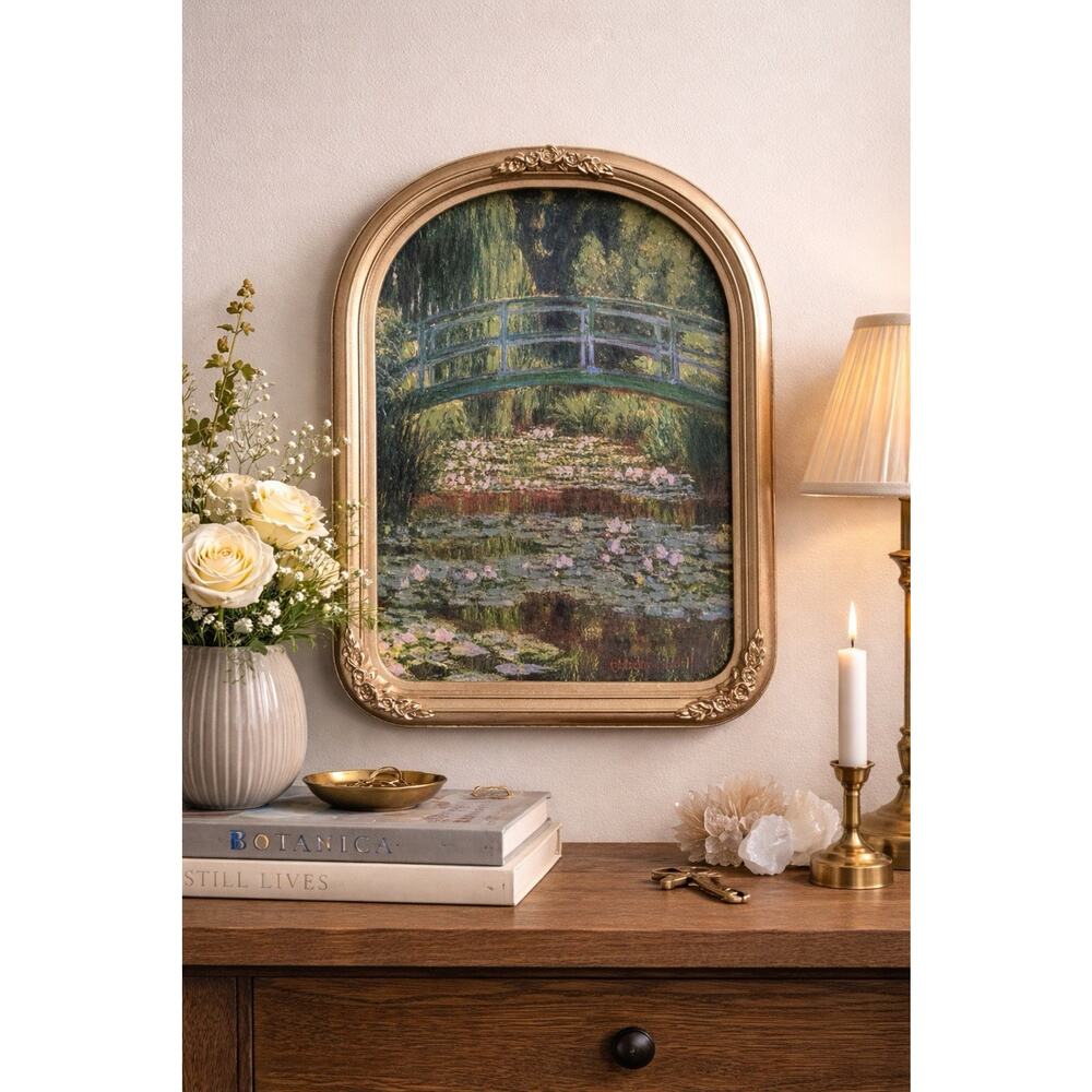 Monet Style Water Lily Bridge Framed Wall Art Gold Oval Decor Baroque Coquette